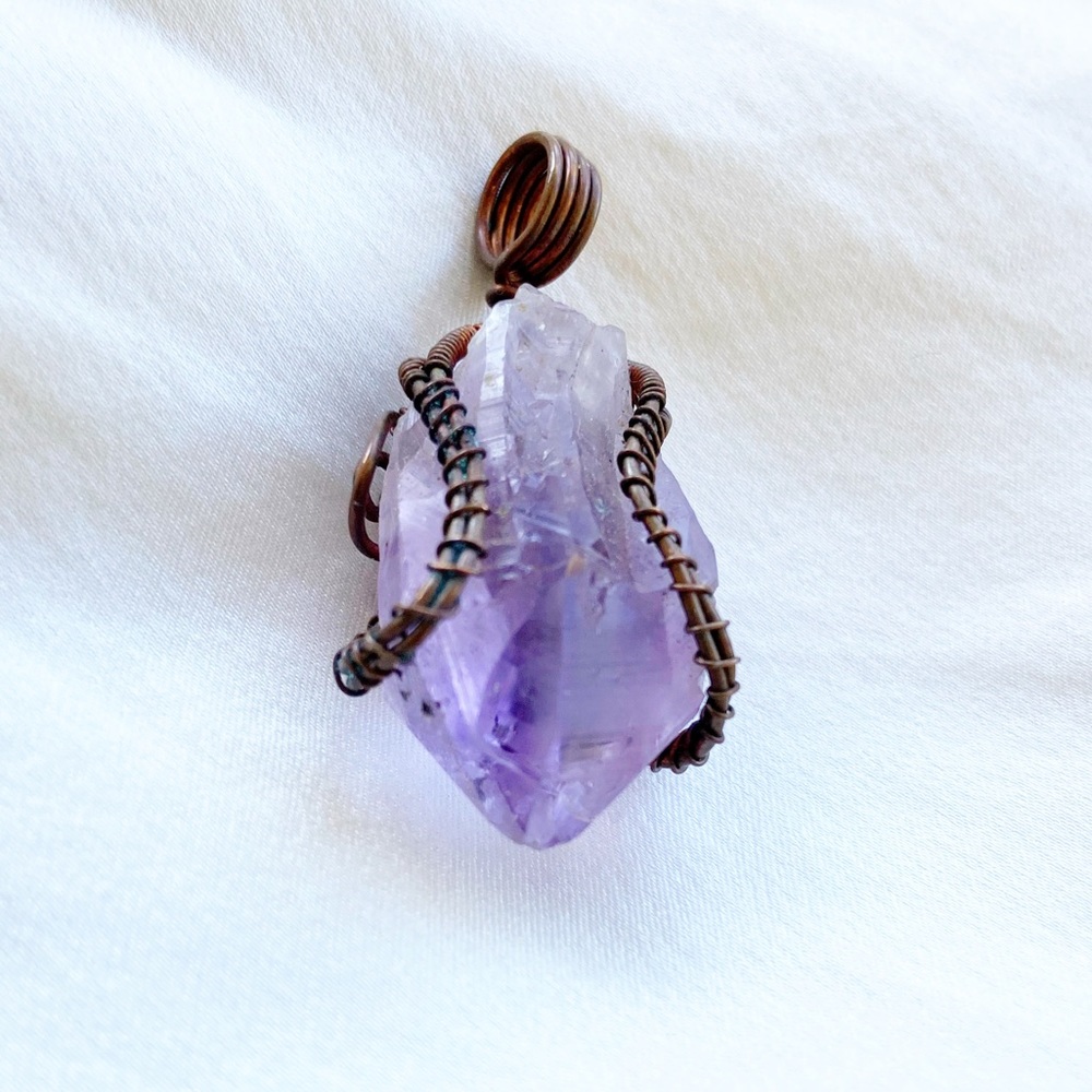 Copper Wire Wrapped Amethyst Pendant Raw Spiral Handmade